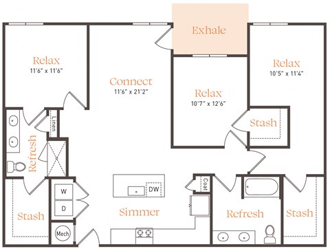 Floor plan for 3 beds, 2 baths, 1401 sqft